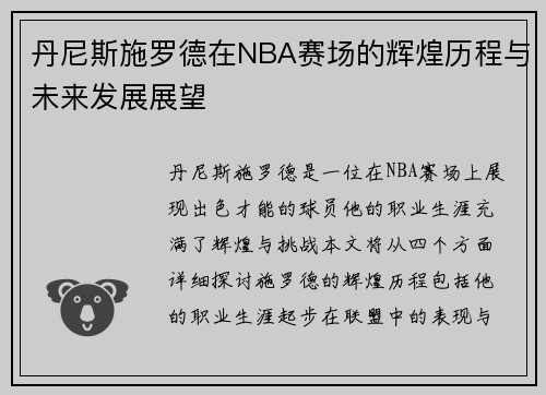 丹尼斯施罗德在NBA赛场的辉煌历程与未来发展展望